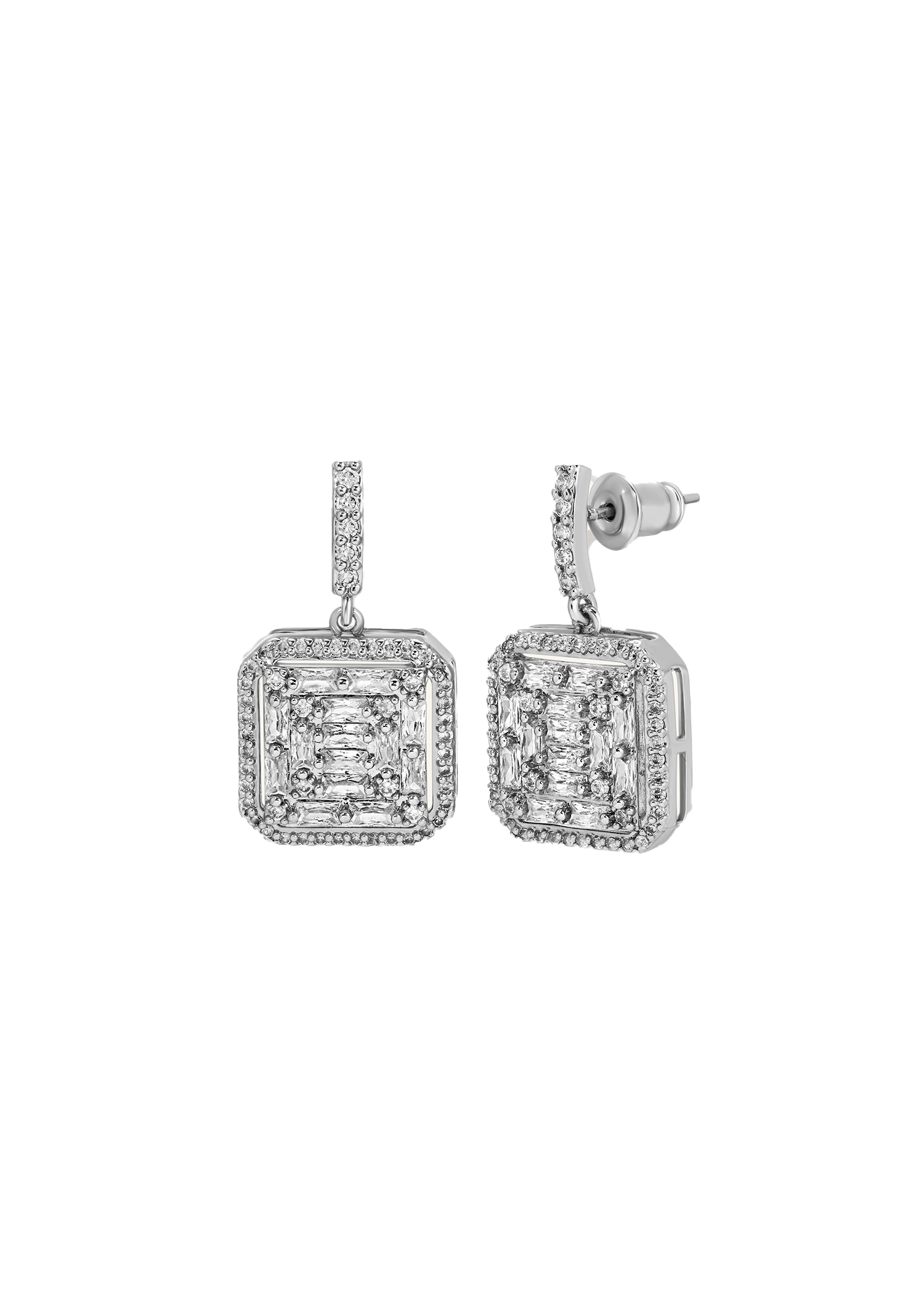 Baguette Cut Set in Pave Drop Earrings in White