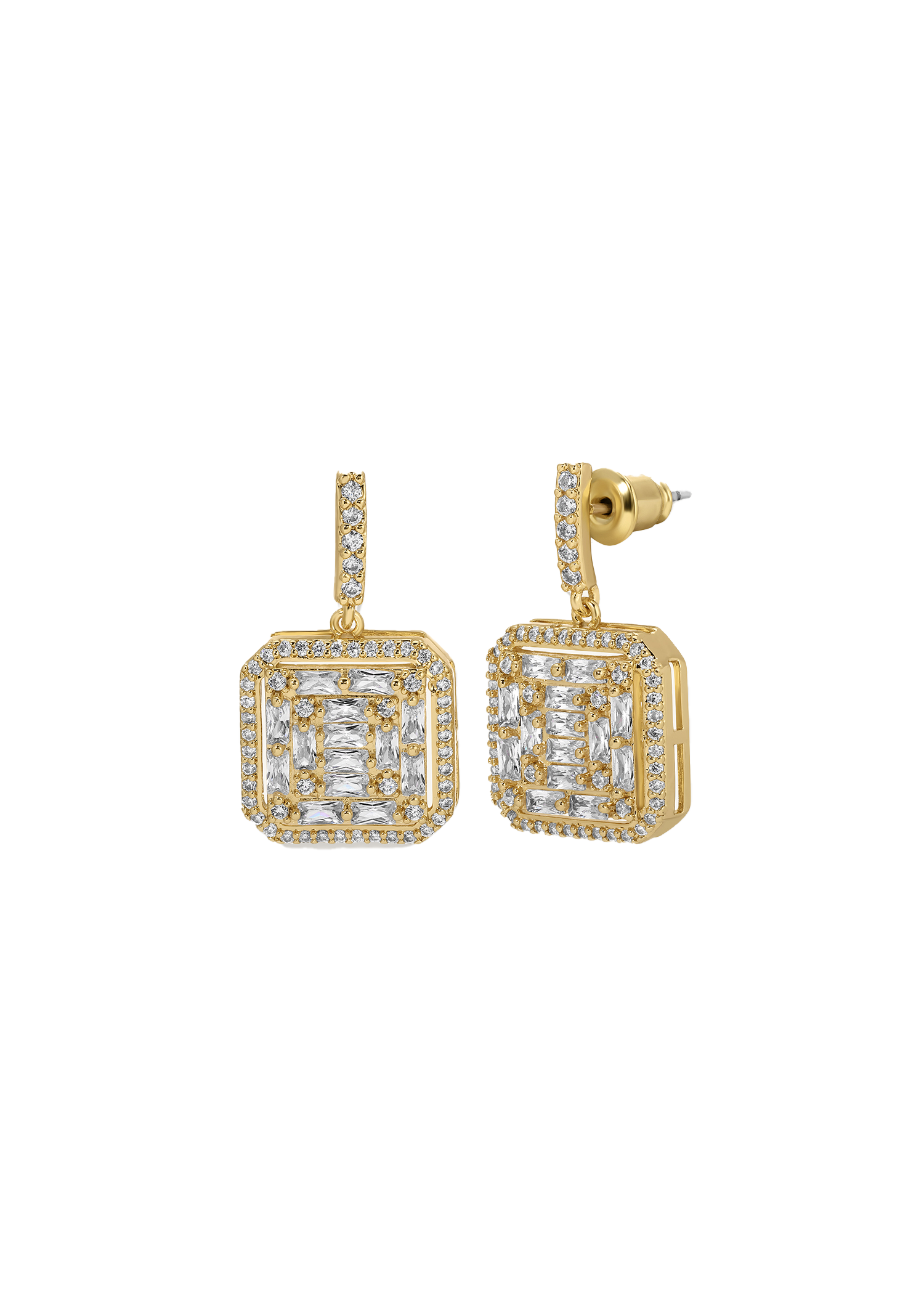 Baguette Cut Set in Pave Drop Earrings in Gold